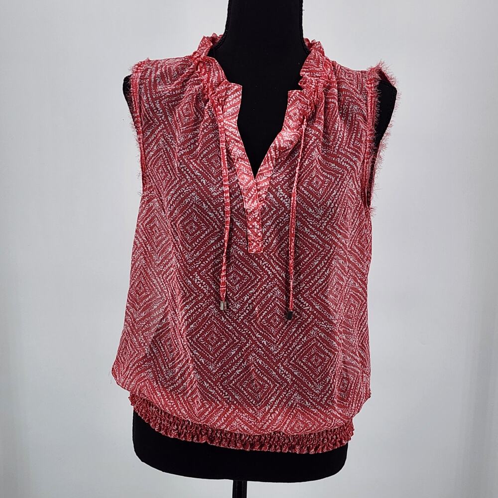 Guess Pink White Sheer Blouse Ruffle Tie V-Neck Elastic Smocked Waist Size S